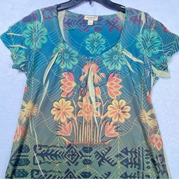 One World Floral Tunic Boho Blouse Women's M Multicolor Studded Neck Casual Top - Picture 2 of 13